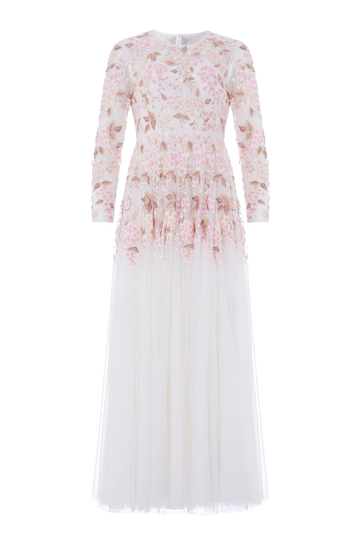 Needle & Thread Wisteria Dot Long Sleeve Gown in Swan White - Dresses - British Luxury Evening Wear at Coveti