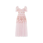 Needle & Thread Wisteria Dot Short Sleeve Ballerina Dress in Shell Pink - Dresses - British Luxury Evening Wear at Coveti