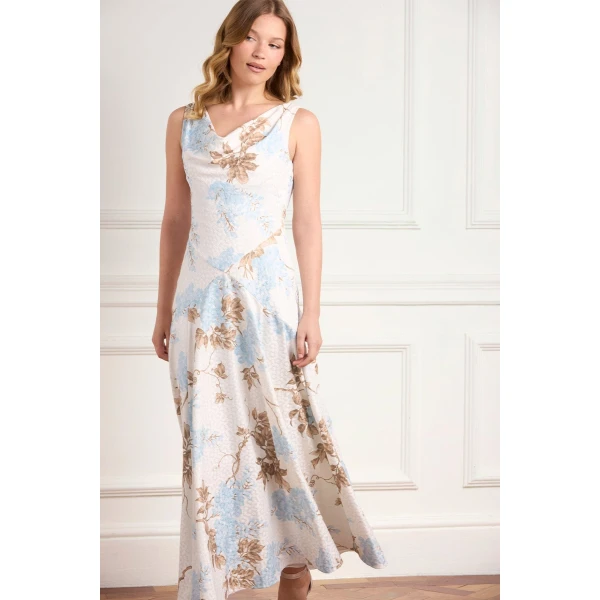 Needle & Thread Wisteria Jacquard Cowl Neck Gown in Optic White/Blue - Dresses - British Luxury Evening Wear at Coveti