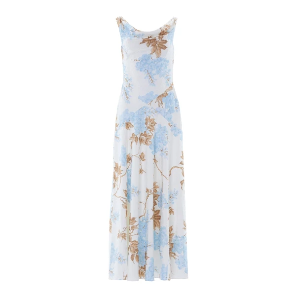 Needle & Thread Wisteria Jacquard Cowl Neck Gown in Optic White/Blue - Dresses - British Luxury Evening Wear at Coveti