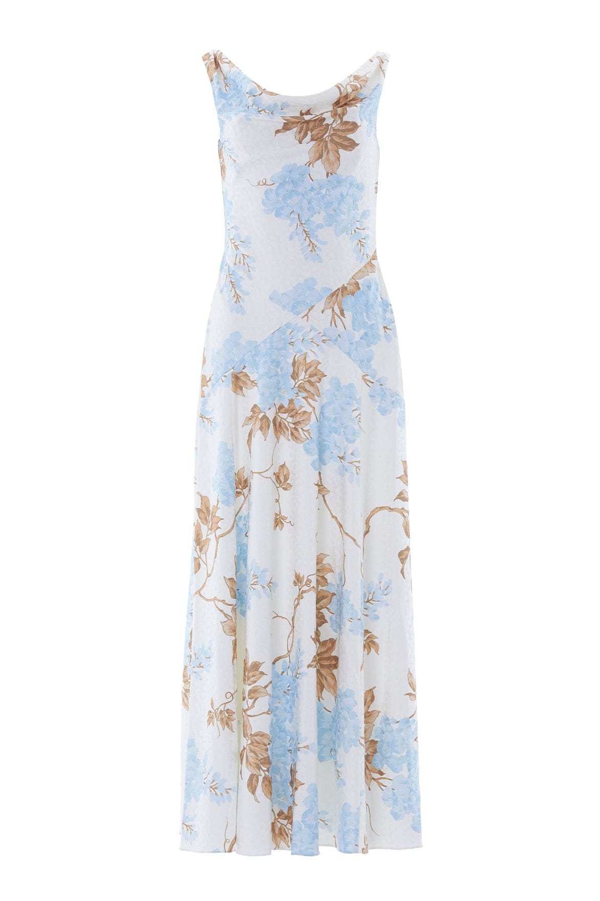 Needle & Thread Wisteria Jacquard Cowl Neck Gown in Optic White/Blue - Dresses - British Luxury Evening Wear at Coveti