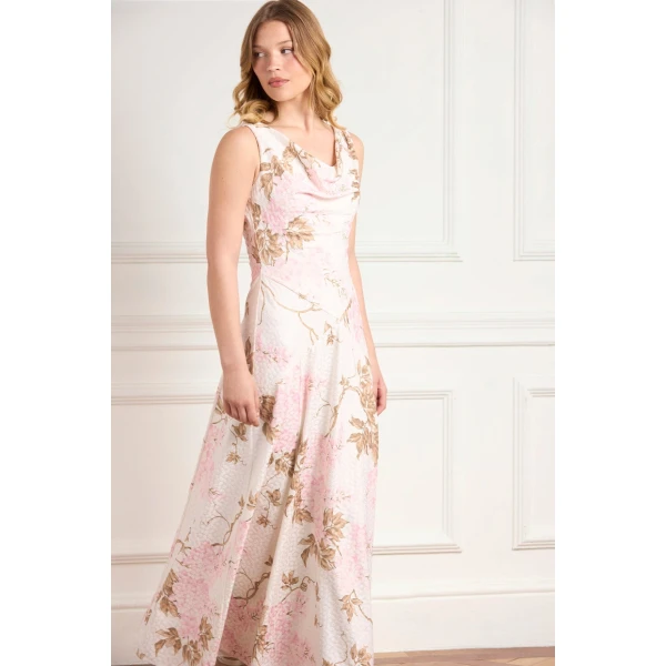 Needle & Thread Wisteria Jacquard Cowl Neck Gown in Optic White/Pink - Dresses - British Luxury Evening Wear at Coveti