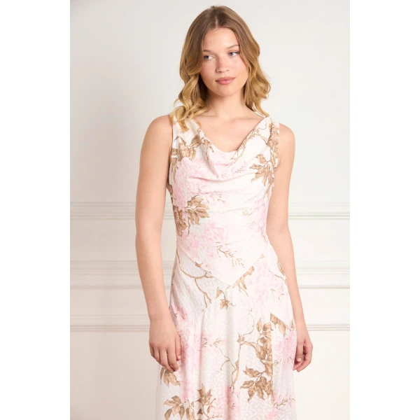 Needle & Thread Wisteria Jacquard Cowl Neck Gown in Optic White/Pink - Dresses - British Luxury Evening Wear at Coveti