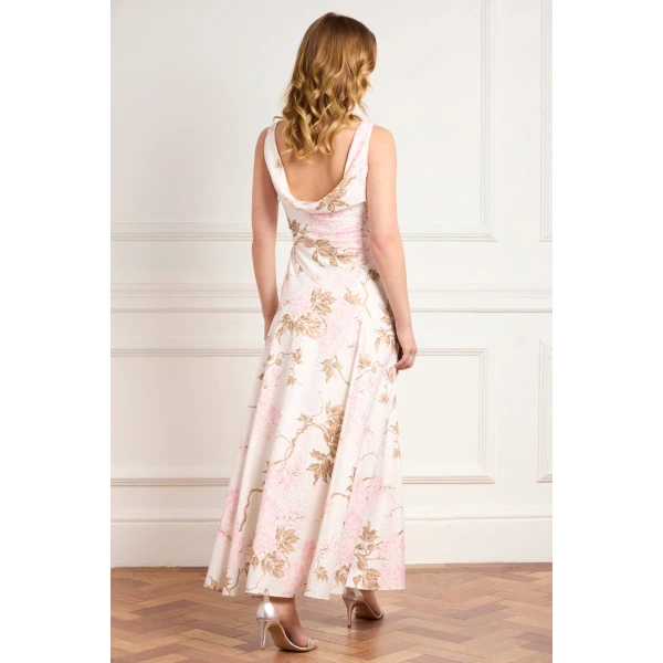Needle & Thread Wisteria Jacquard Cowl Neck Gown in Optic White/Pink - Dresses - British Luxury Evening Wear at Coveti