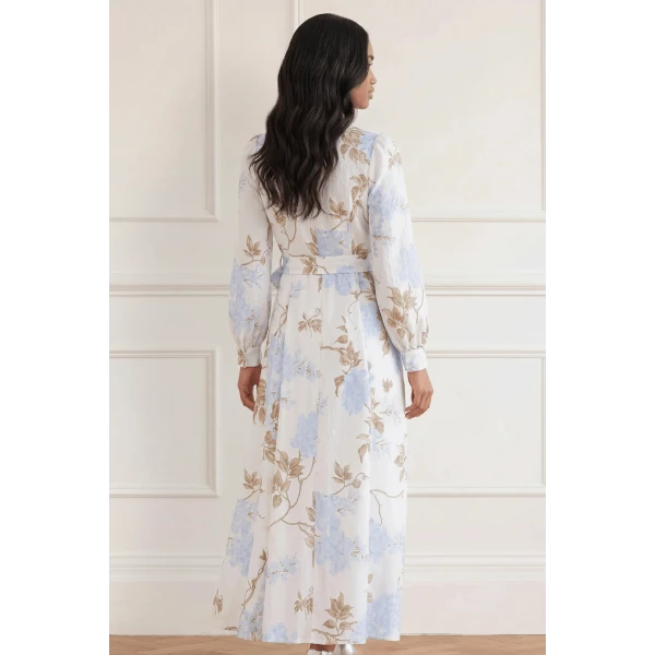 Needle & Thread Wisteria Jacquard Long Sleeve Shirt Dress in Optic White/Blue - Dresses - British Luxury Evening Wear at Coveti