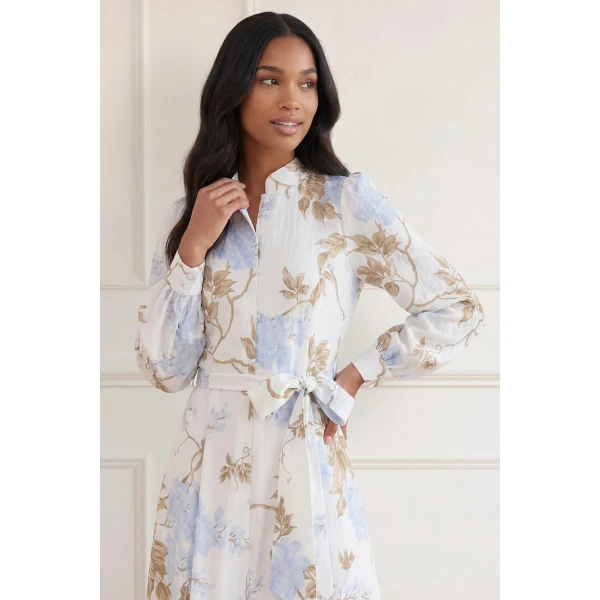 Needle & Thread Wisteria Jacquard Long Sleeve Shirt Dress in Optic White/Blue - Dresses - British Luxury Evening Wear at Coveti