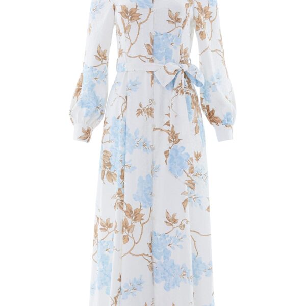 Needle & Thread Wisteria Jacquard Long Sleeve Shirt Dress in Optic White/Blue - Dresses - British Luxury Evening Wear at Coveti