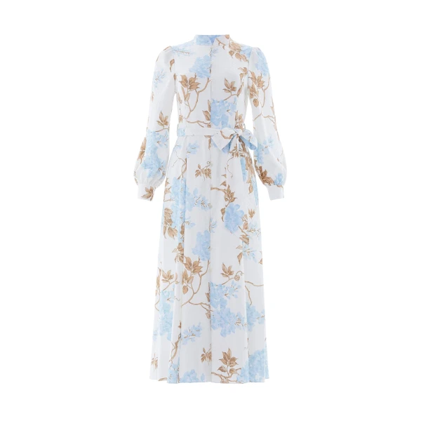 Needle & Thread Wisteria Jacquard Long Sleeve Shirt Dress in Optic White/Blue - Dresses - British Luxury Evening Wear at Coveti