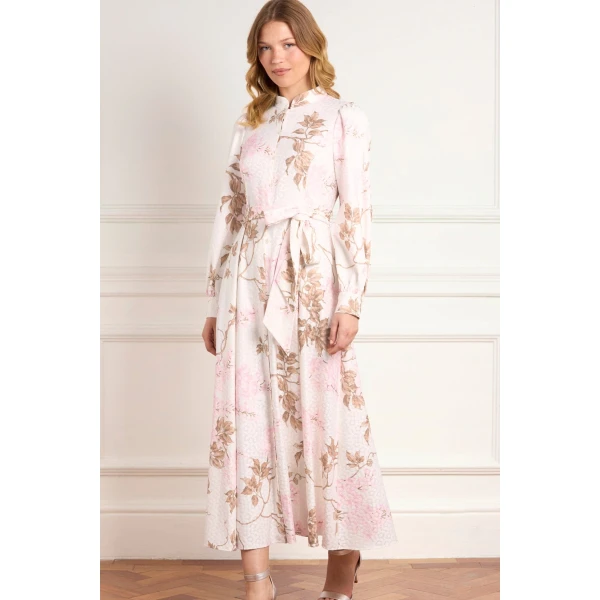 Needle & Thread Wisteria Jacquard Long Sleeve Shirt Dress in Optic White/Pink - Dresses - British Luxury Evening Wear at Coveti