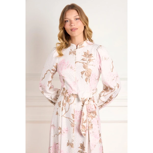 Needle & Thread Wisteria Jacquard Long Sleeve Shirt Dress in Optic White/Pink - Dresses - British Luxury Evening Wear at Coveti