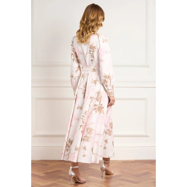 Needle & Thread Wisteria Jacquard Long Sleeve Shirt Dress in Optic White/Pink - Dresses - British Luxury Evening Wear at Coveti