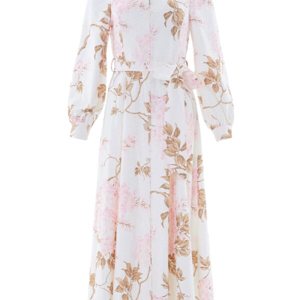 Needle & Thread Wisteria Jacquard Long Sleeve Shirt Dress in Optic White/Pink - Dresses - British Luxury Evening Wear at Coveti