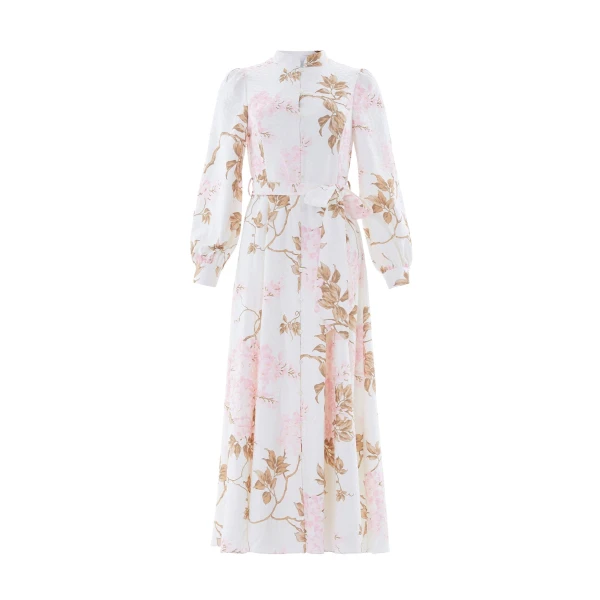 Needle & Thread Wisteria Jacquard Long Sleeve Shirt Dress in Optic White/Pink - Dresses - British Luxury Evening Wear at Coveti