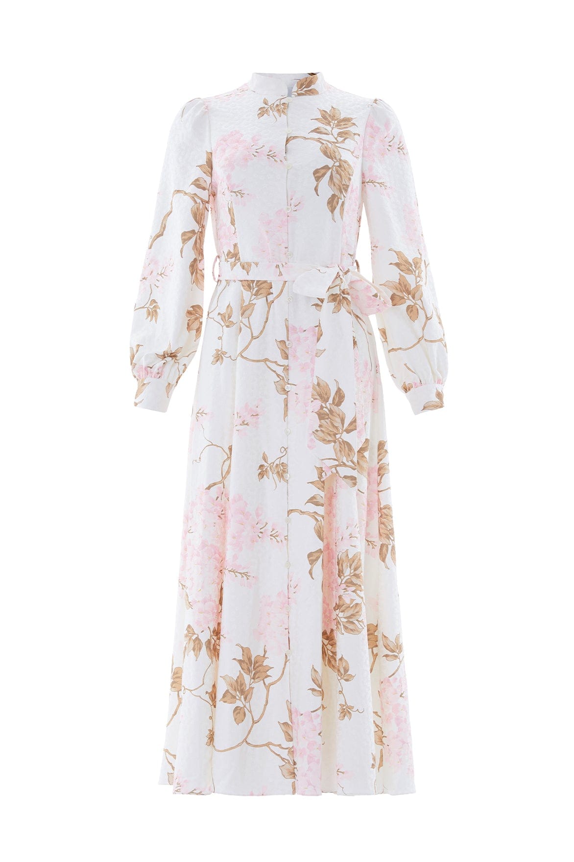 Needle & Thread Wisteria Jacquard Long Sleeve Shirt Dress in Optic White/Pink - Dresses - British Luxury Evening Wear at Coveti