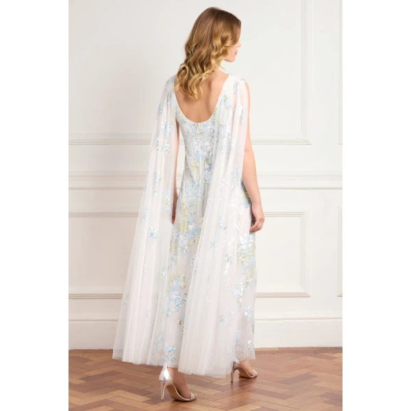 Needle & Thread Wisteria Sequin Ankle Gown in Swan White/Blue - Dresses - British Luxury Evening Wear at Coveti