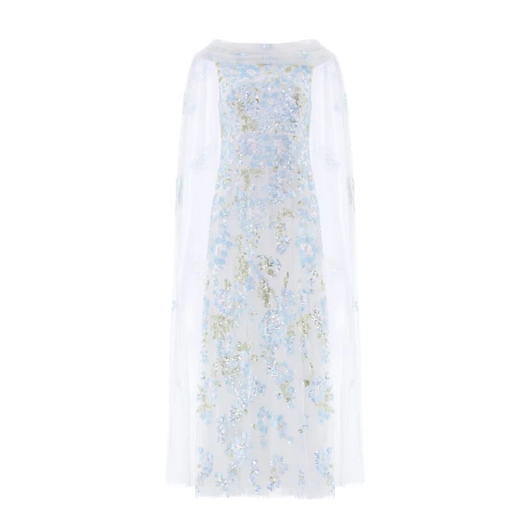 Needle & Thread Wisteria Sequin Ankle Gown in Swan White/Blue - Dresses - British Luxury Evening Wear at Coveti