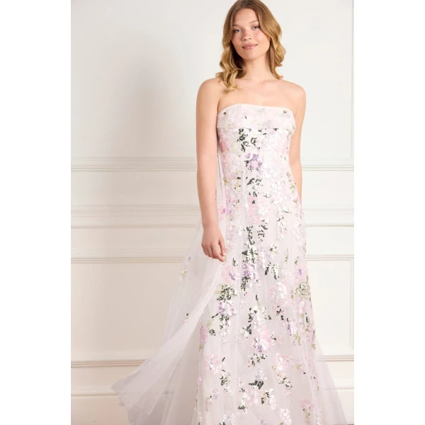 Needle & Thread Wisteria Sequin Strapless Cape Gown in Swan White/Pink - Dresses - British Luxury Evening Wear at Coveti