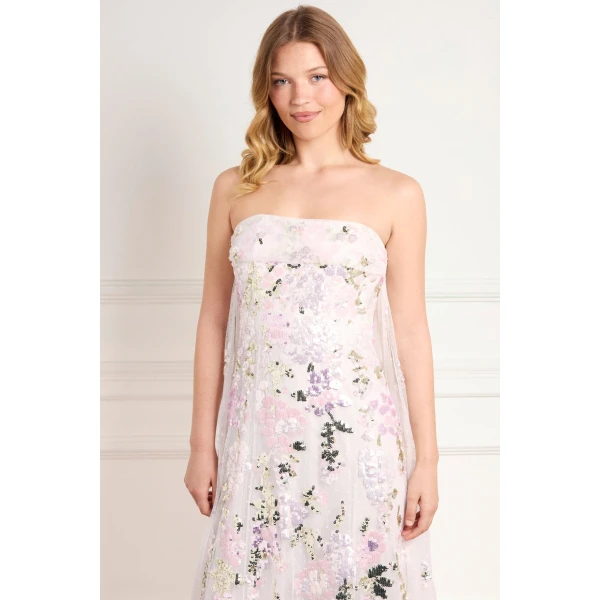 Needle & Thread Wisteria Sequin Strapless Cape Gown in Swan White/Pink - Dresses - British Luxury Evening Wear at Coveti
