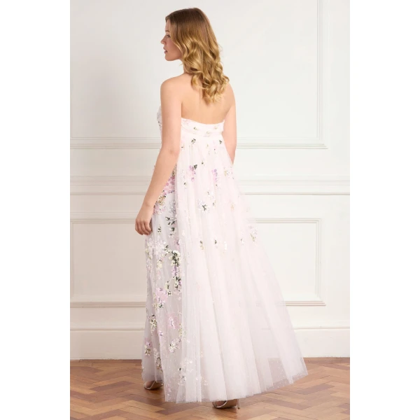 Needle & Thread Wisteria Sequin Strapless Cape Gown in Swan White/Pink - Dresses - British Luxury Evening Wear at Coveti