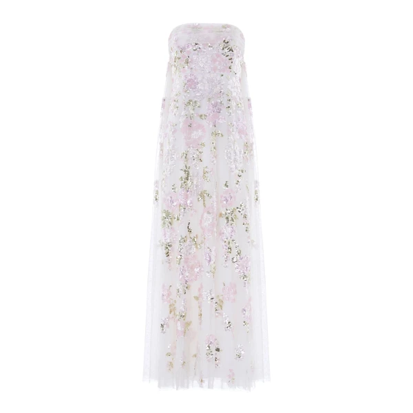 Needle & Thread Wisteria Sequin Strapless Cape Gown in Swan White/Pink - Dresses - British Luxury Evening Wear at Coveti