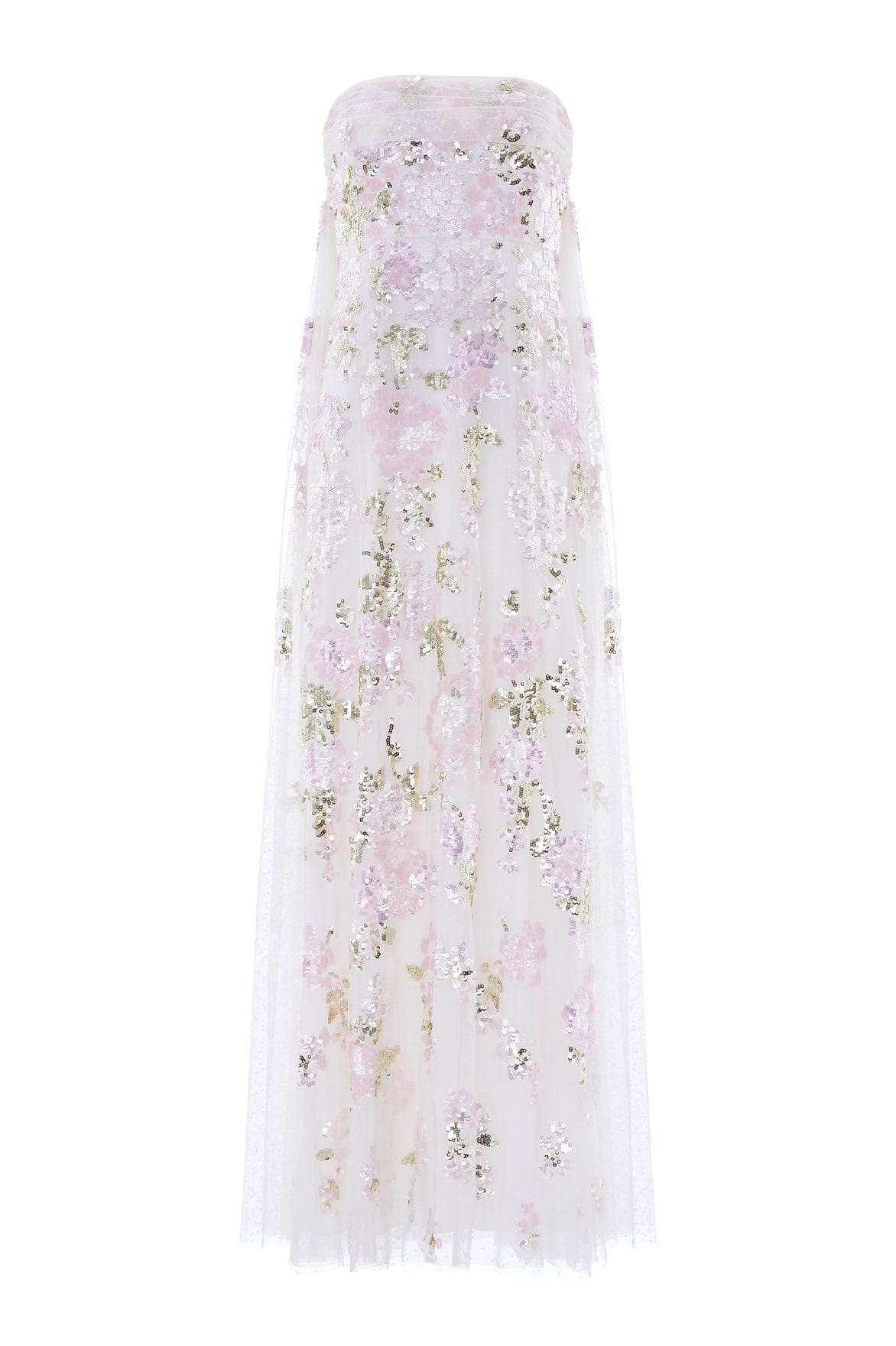 Needle & Thread Wisteria Sequin Strapless Cape Gown in Swan White/Pink - Dresses - British Luxury Evening Wear at Coveti