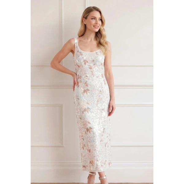 Needle & Thread Wisteria Shimmer Georgette Ankle Gown in Cream/Blue - Dresses - British Luxury Evening Wear at Coveti