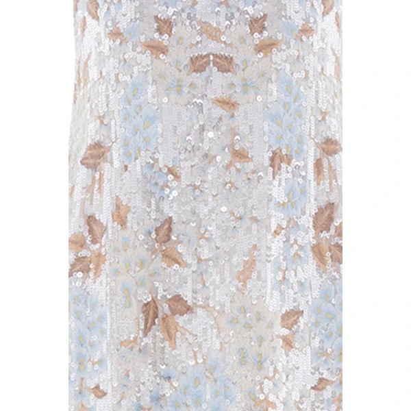 Needle & Thread Wisteria Shimmer Georgette Ankle Gown in Cream/Blue - Dresses - British Luxury Evening Wear at Coveti