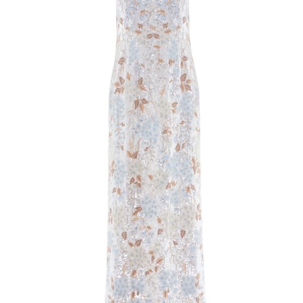 Needle & Thread Wisteria Shimmer Georgette Ankle Gown in Cream/Blue - Dresses - British Luxury Evening Wear at Coveti