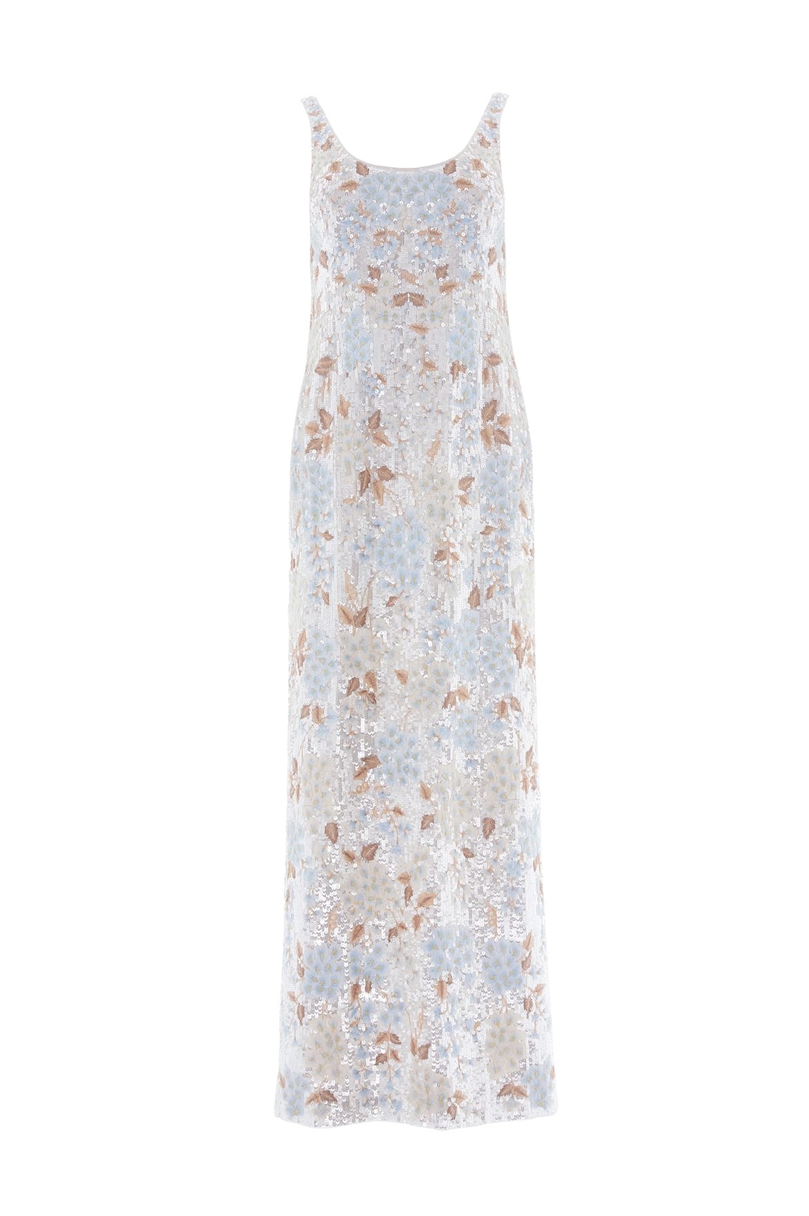 Needle & Thread Wisteria Shimmer Georgette Ankle Gown in Cream/Blue - Dresses - British Luxury Evening Wear at Coveti