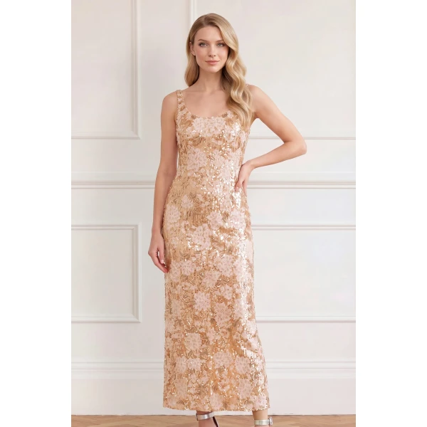 Needle & Thread Wisteria Shimmer Georgette Ankle Gown in Pale Gold/Pink - Dresses - British Luxury Evening Wear at Coveti