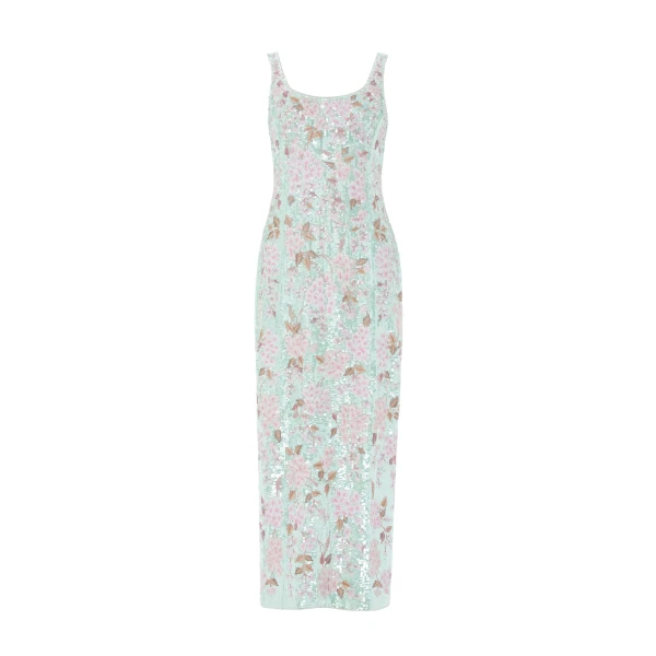 Needle & Thread Wisteria Shimmer Georgette Ankle Gown in Soft Mint/Pink - Dresses - British Luxury Evening Wear at Coveti