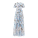 Needle & Thread Wisteria Valentine Ruffle Gown in Optic White/Blue - Dresses - British Luxury Evening Wear at Coveti