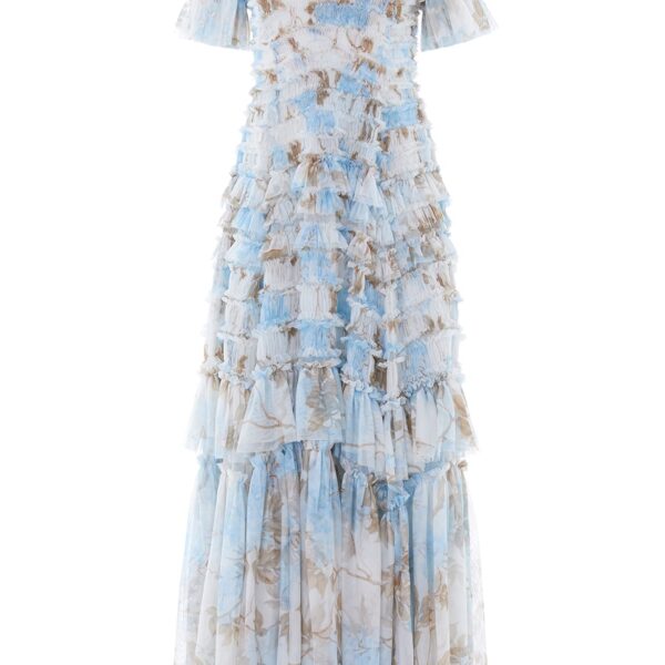 Needle & Thread Wisteria Valentine Ruffle Gown in Optic White/Blue - Dresses - British Luxury Evening Wear at Coveti