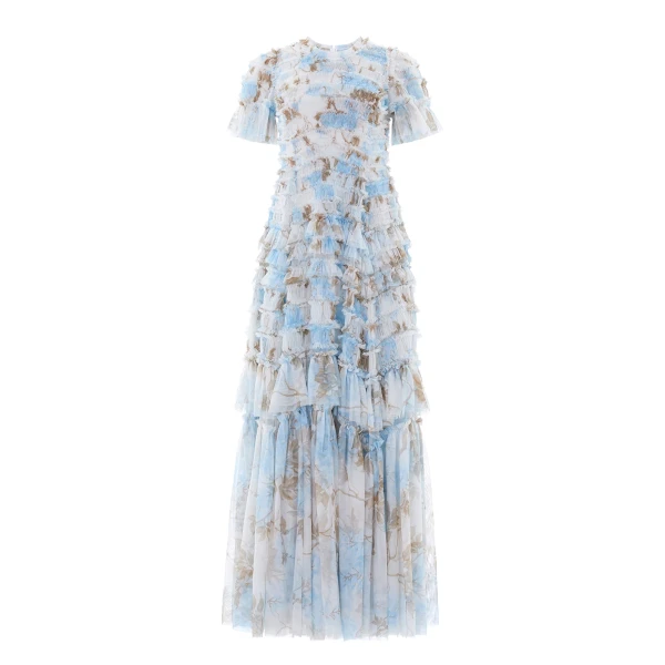Needle & Thread Wisteria Valentine Ruffle Gown in Optic White/Blue - Dresses - British Luxury Evening Wear at Coveti