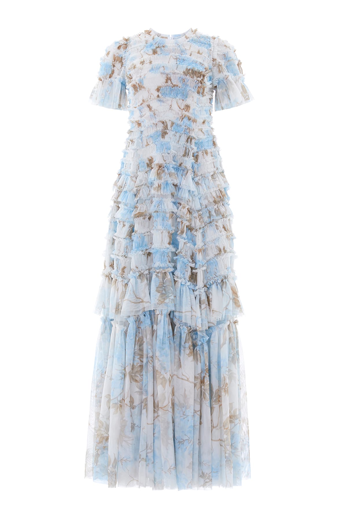 Needle & Thread Wisteria Valentine Ruffle Gown in Optic White/Blue - Dresses - British Luxury Evening Wear at Coveti