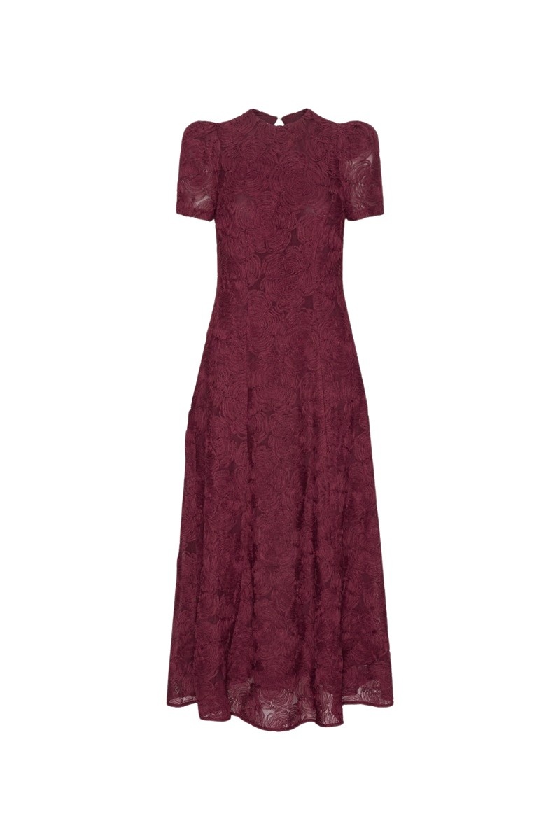 Flower Mesh Flared Dress Bordeaux