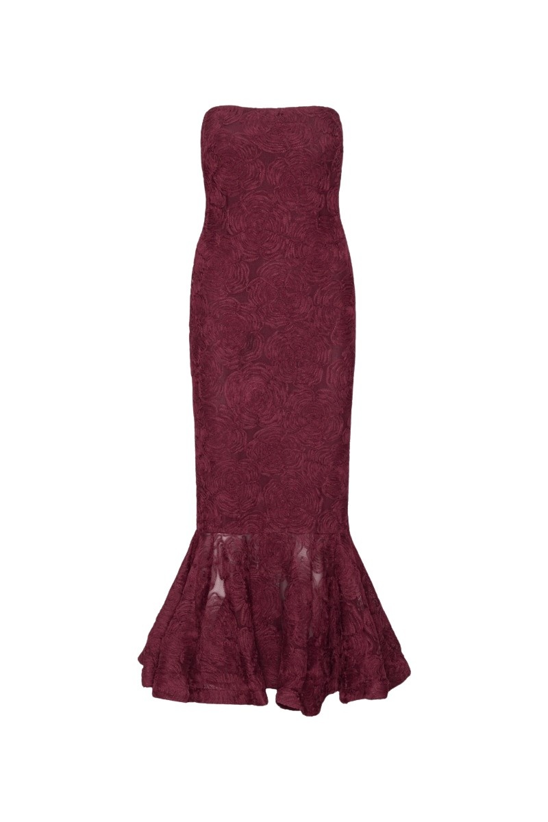 Flower Mesh Flounce Dress Bordeaux