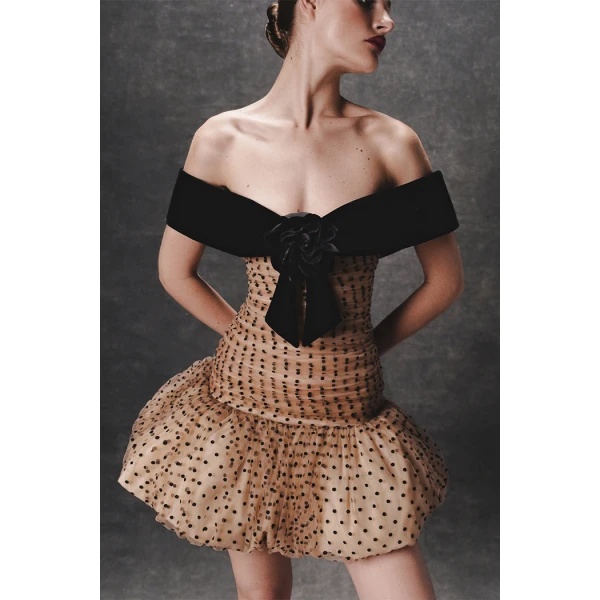 draped polka dot tulle and velvet mini dress