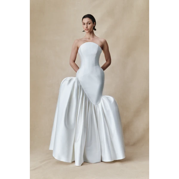 Rasario Asymmetric structured satin corset maxi dress in Black, view 3
