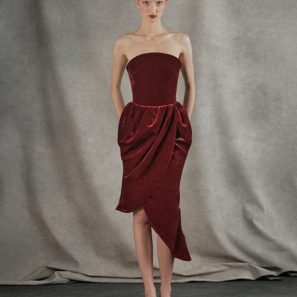asymmetrical velvet corset midi dress