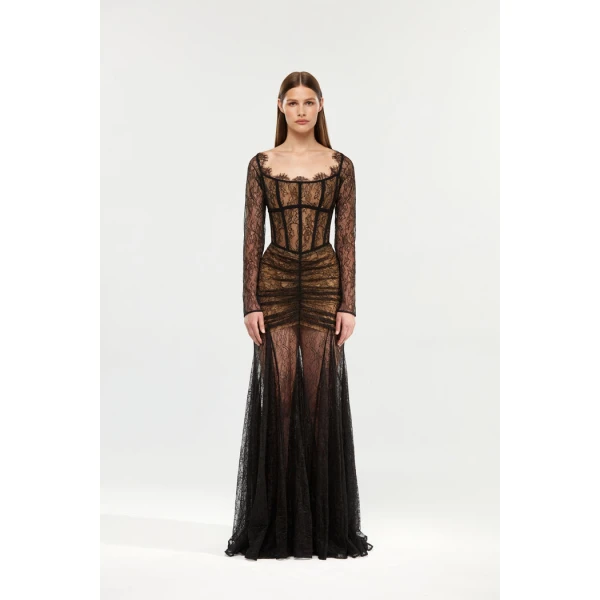 corset lace gown with a draped skirt