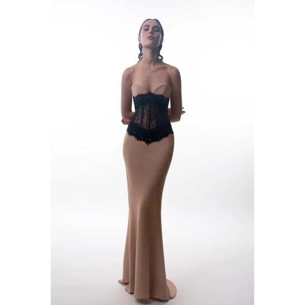 crepe and lace corset maxi dress