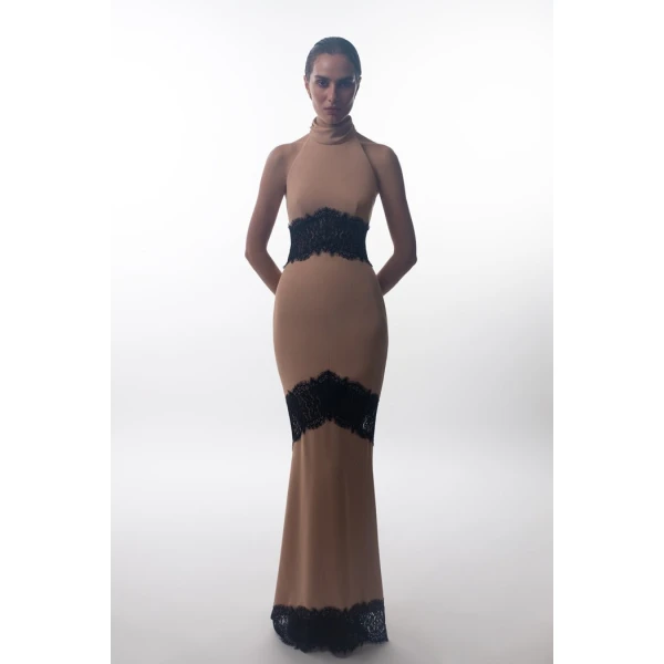 crepe and lace maxi dress with cutouts