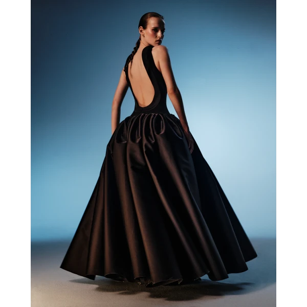 Rasario Crepe and satin maxi dress with a voluminous skirt in Black, view 2