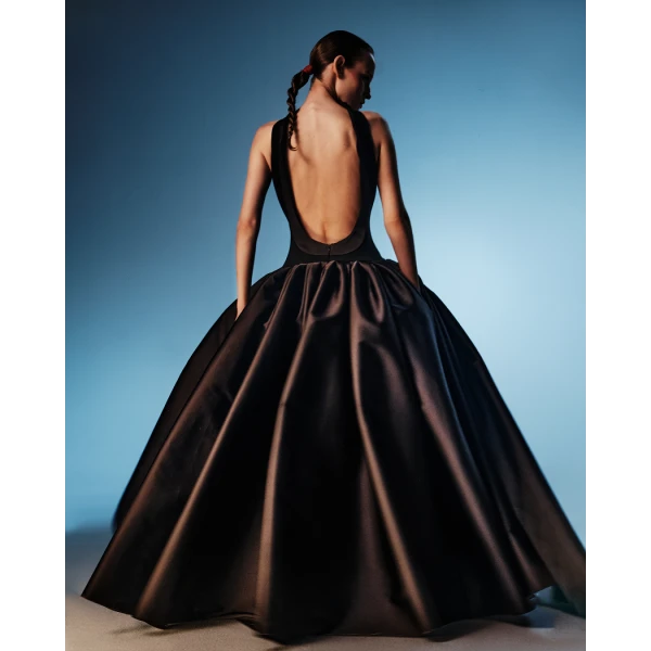 Rasario Crepe and satin maxi dress with a voluminous skirt in Black, view 4