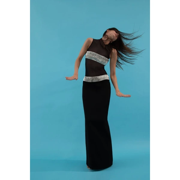 crystal embellished crepe and mesh maxi dress