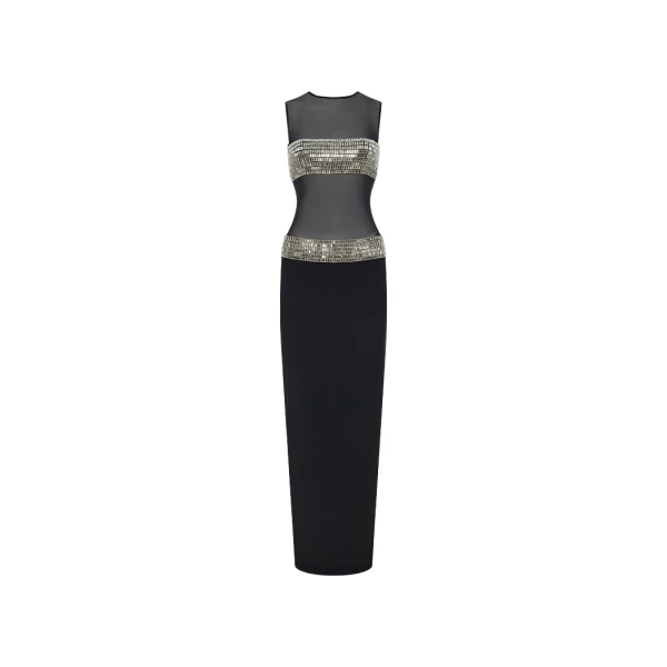 Rasario Crystal embellished crepe and mesh maxi dress in Black