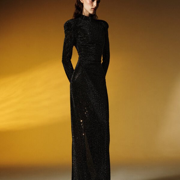 crystal-embellished mesh maxi dress with voluminous shoulders