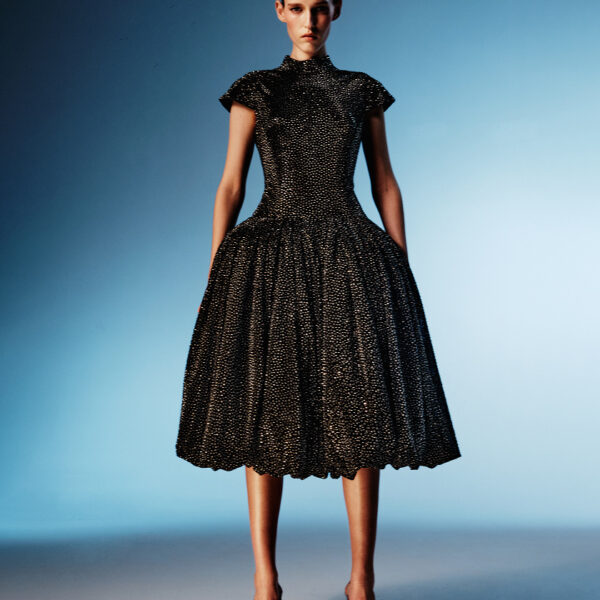 crystal-embellished mesh midi dress with a voluminous skirt