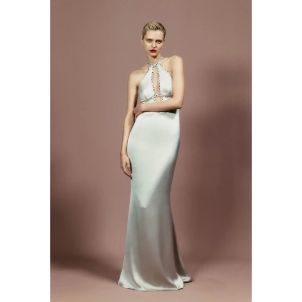 crystal-embellished satin maxi dress with cutout